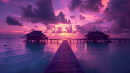 Obraz premium Wooden bridge under stunning dramatic sky in Maldives