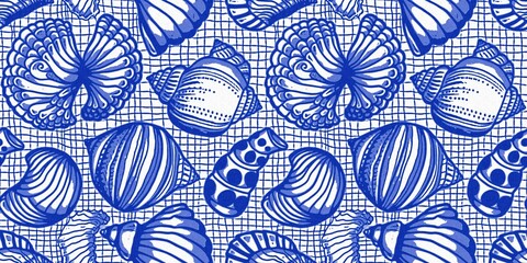 Azure blue white shell motif with linen seamless batik border background. Modern coastal beach cottage rustic shell block print home decor pattern, Sealife banner style 