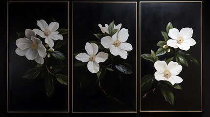 Elegant Triptych of White Florals Captured on a Subtle Dark Background