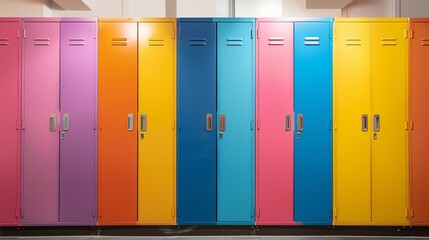 Colorful lockers, vector school or gym changing room metal cabinets. Row of multicolored storage
