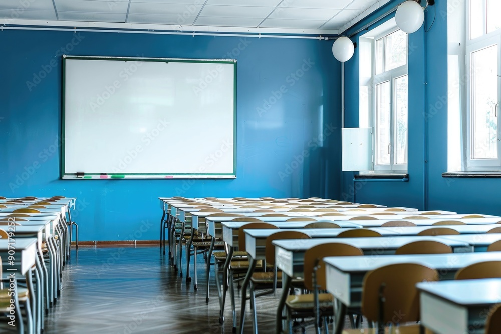 Aufkleber A traditional classroom setting with rows of desks and a projector screen