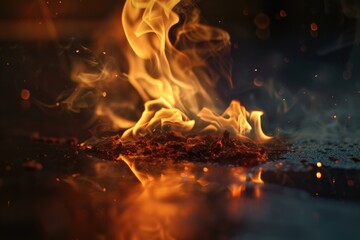 Flames crackling on a wooden table
