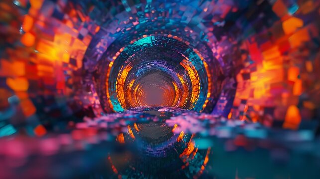 Abstract tunnel of a multicolor spectrum background. Bright rays of neon light and colorful glowing lines moving speed through the dark.