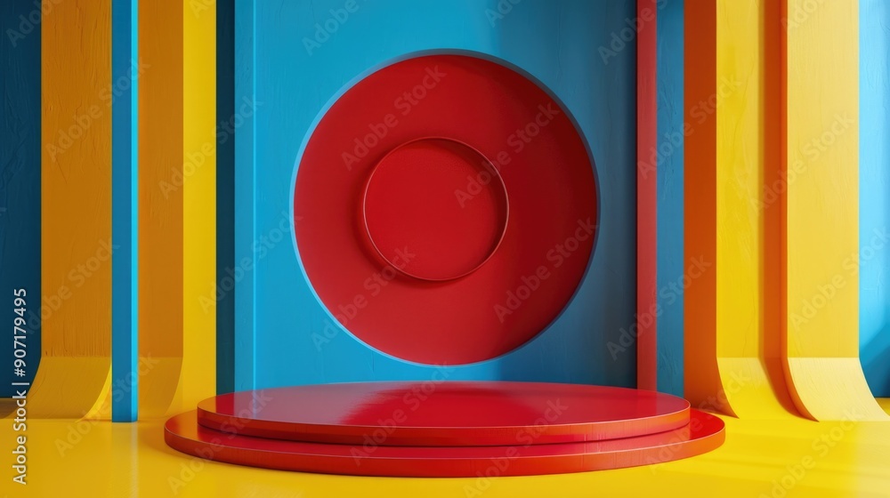 Poster a red and blue object placed on a bright yellow surface, suitable for design or illustration purpose