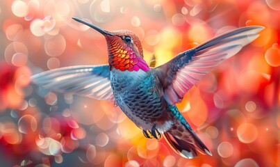 Obraz premium An abstract geometric hummingbird with a faceted design is captured mid-flight against a soft gradient background, creating a modern, minimalist aesthetic.