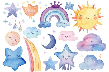 Watercolor illustrations of the sun, clouds, stars, and a rainbow