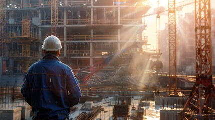 A construction worker wearing safety gear stands at an industrial project site, looking towards the tall buildings that are being built with hard work and dedication