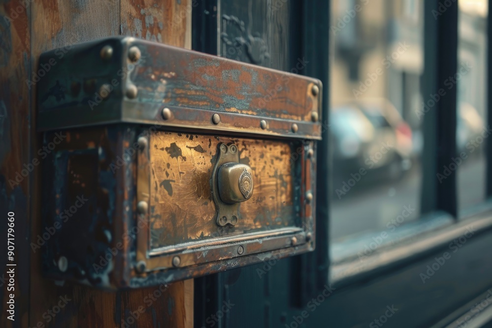 Poster a close-up view of a lock on a door, perfect for use in illustrations about security, protection, or