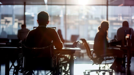 Man with disabilities at work. Guy in wheelchair in office among colleagues. Disability Employment Awareness Month. Employment, inclusion, Disability Rights, Inclusivity concept. World Disability day