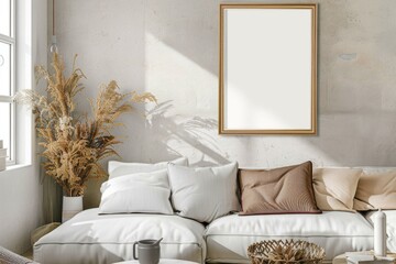 A cozy living room with a white couch and a picture frame on the wall