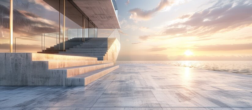 Modern, minimalist building exterior with concrete steps and ocean view at sunset. Concept of architecture, design, luxury, and tranquility.