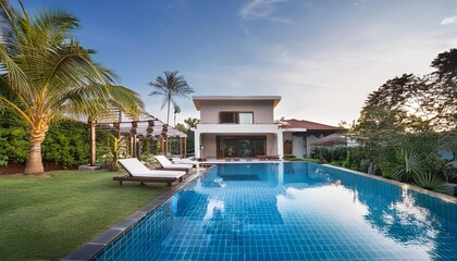 Fototapeta premium luxury home or house building Exterior and interior design showing tropical pool villa with green garden