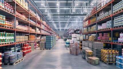 An interior view of a large warehouse with rows of shelves stocked with goods on pallets, lit by overhead lights.