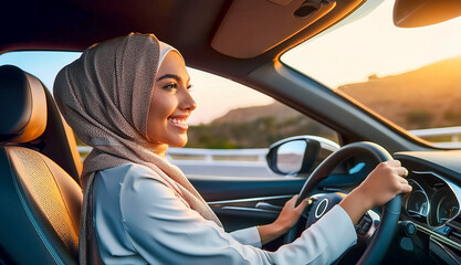 A Muslim woman in hijab driving a luxury car smiling.