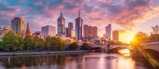 Obraz premium Stunning sunrise over Melbourne city skyline and Yarra River. Australia travel and tourism destination concept.