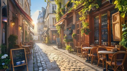 Fototapeta premium Cozy street with tables of cafe in Paris at night, France. Architecture and landmarks of Paris. Postcard of Paris