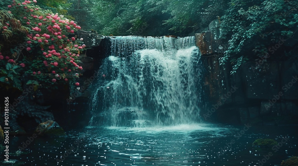Poster A serene waterfall surrounded by dense foliage in a forest setting, perfect for use as a background or to represent nature and tranquility