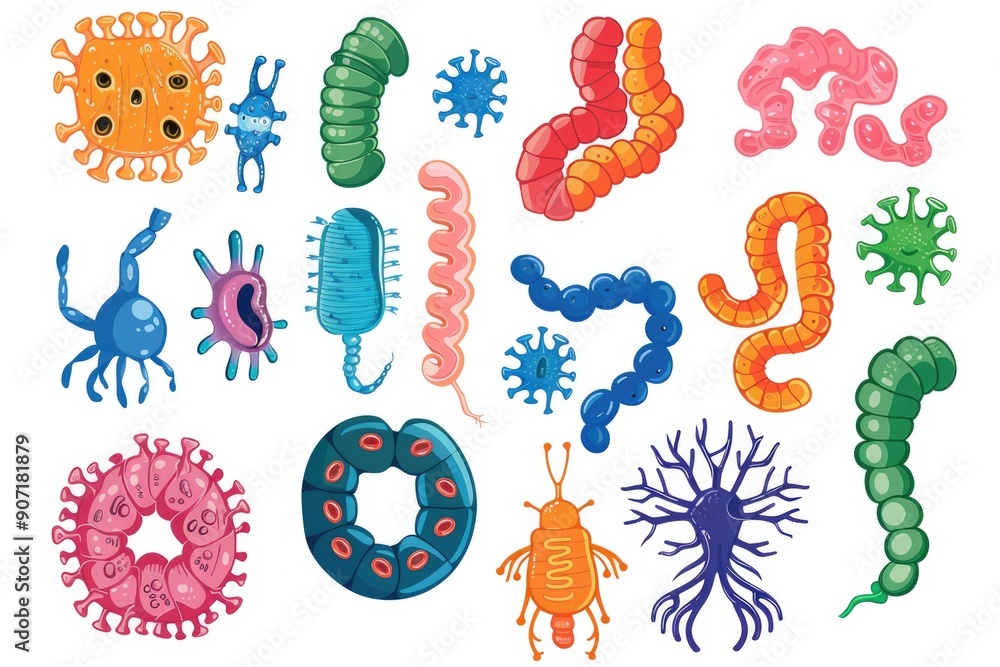 Poster Microscopic view of different bacteria and viruses on a clean surface