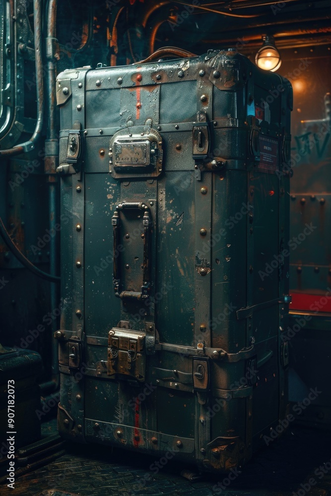 Poster a large green suitcase is placed on the floor, ready for use