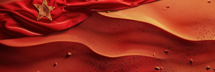 Independence day of Morocco celebration. Moroccan national flag. Abstract background with red flag with star. Texture of crumpled fabric. Horizontal banner. Free space for text, copy space