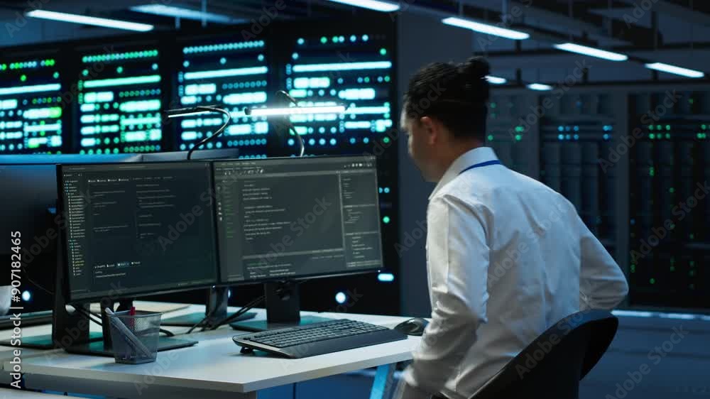Poster engineer in data center installing software on computer, troubleshooting issues, handheld camera sho