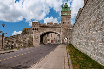 Kent Gate on Dauphine Street, in Quebec City, Canada. This gate is part of the historic fortifications of Quebec City, one of the few cities in North America to have preserved its fortified walls.