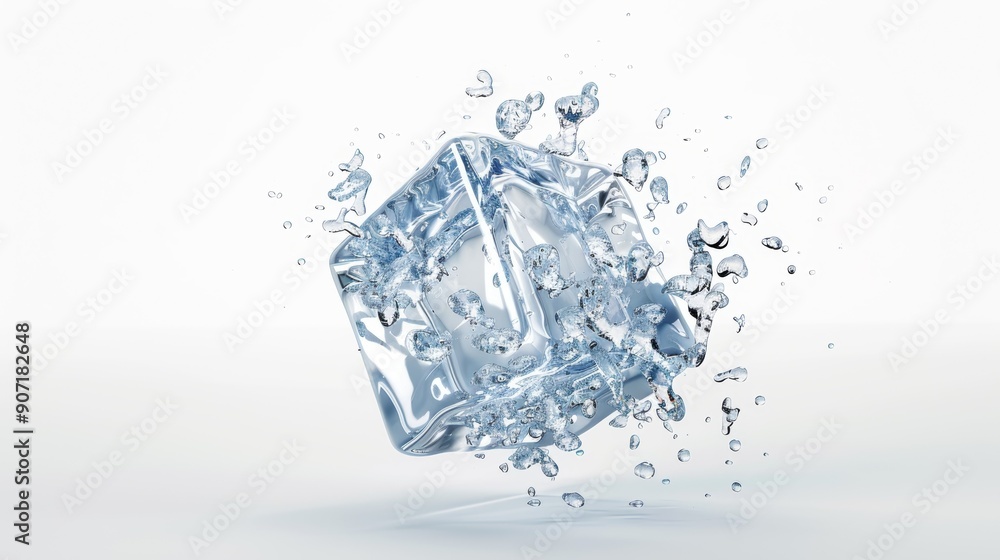 Poster a cube of ice is surrounded by water droplets, creating a sense of movement