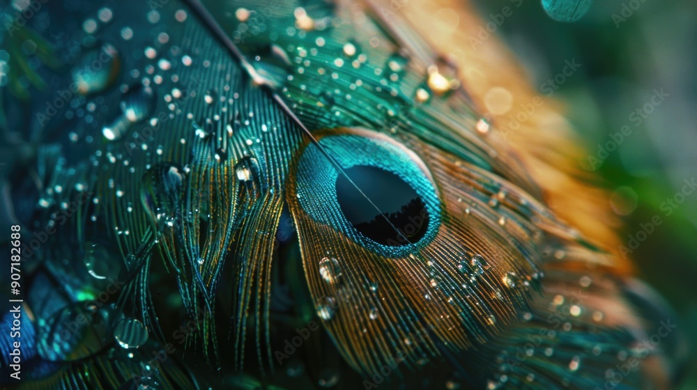Poster a close-up shot of a feather with water droplets on its surface, perfect for use in nature or wildli