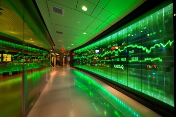 Fototapeta premium Futuristic green-lit display of Nasdaq stock market index on a large screen in modern space