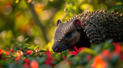Close-Up of Armadillo Among Colorful Flowers in Nature