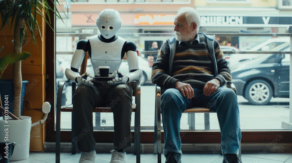 Poster a person sits in a chair alongside a robot, an interesting scene of human-robot interaction