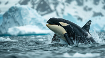 Fototapeta premium Orca Breaching Near Icebergs in Arctic Waters