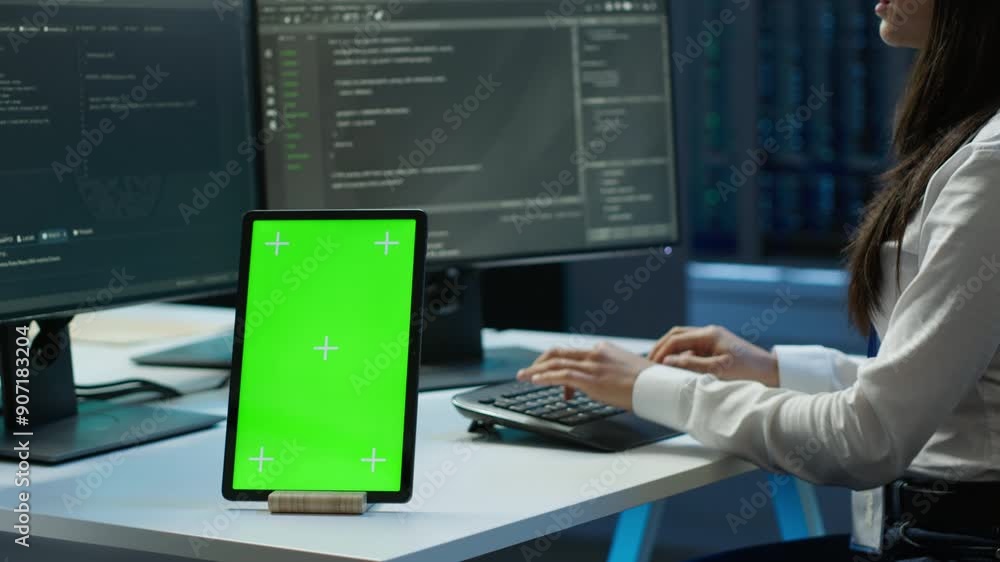 Aufkleber software developer in data center monitoring security threats using mockup tablet. it professional u