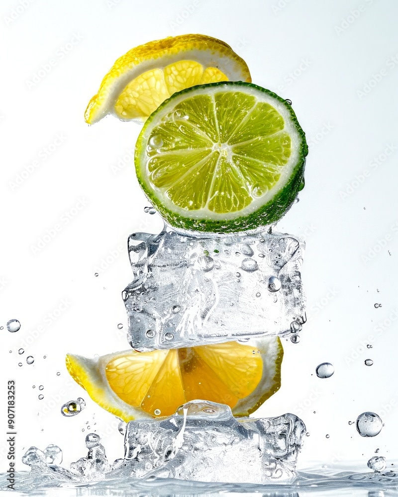 Poster vibrant lime and lemon slices on top of clear ice cubes. fresh and colorful image perfect for summer
