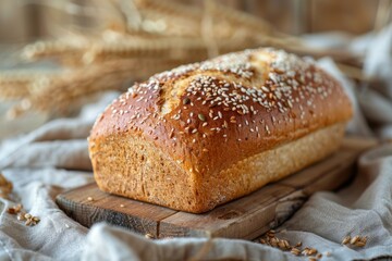 Naklejka premium Rustic Wholesomeness: A Hearthy Whole Wheat Bread on a Wooden Board with Seed Toppings, Nestled in a Cozy Handcrafted Ambiance