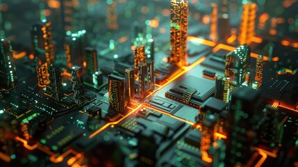 Obraz premium Futuristic Cityscape on Circuit Board. Technology and Innovation Concept
