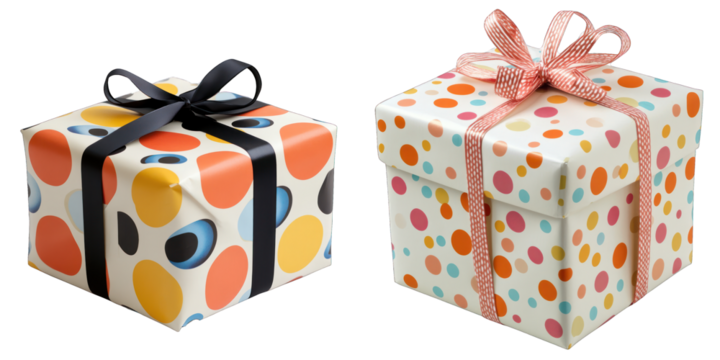Two colorful gift boxes with festive polka dot designs and elegant bows, perfect for celebrations and special occasions. transparent background