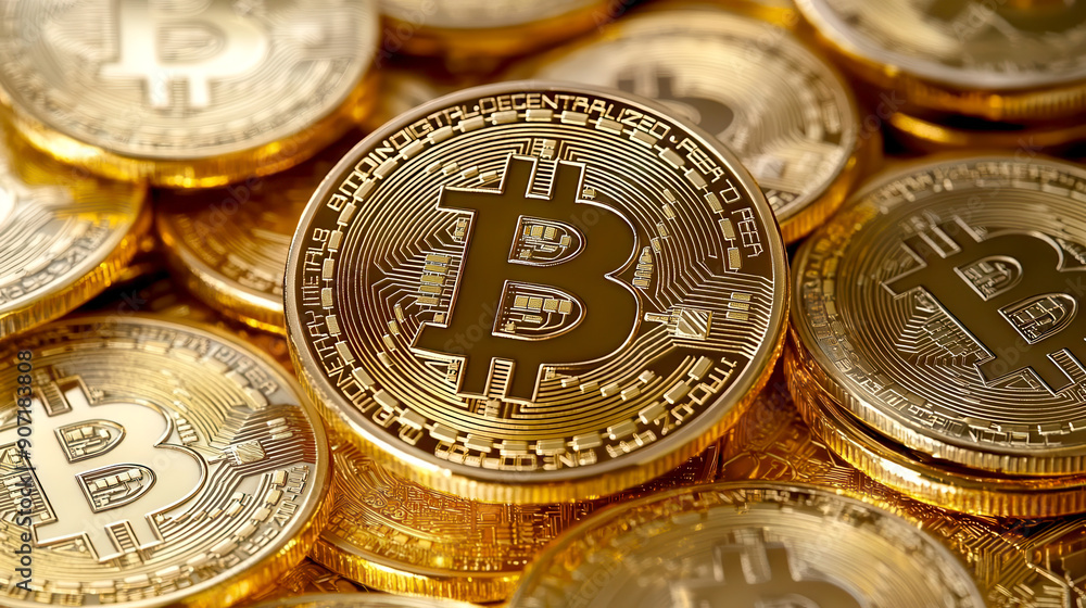 Poster close-up of shining bitcoin coins stacked together, representing digital currency and investment in 