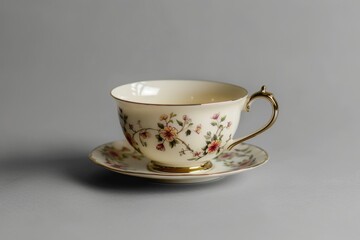 A decorative cup and saucer placed on a table, suitable for use in still life photography or as a prop in lifestyle images