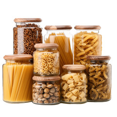 Assorted Pasta In Glass Jars On Transparent Background