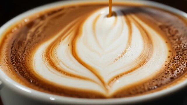 A shot of espresso elegantly filling a cup with the backdrop of a beautiful coffee art design in the foam.