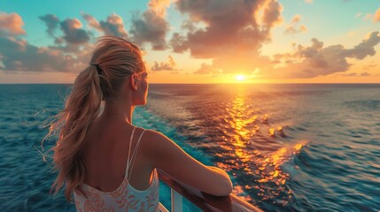 Cruise ship tourist woman Caribbean travel vacation banner. Panoramic crop of girl enjoying sunset view from boat deck leaving port of Basseterre, St. Lucia, tropical island.