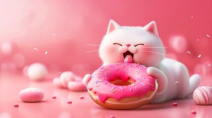 white cat holding a donut on background pink with copy space
