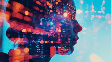 A digital art image featuring a silhouette of a woman against a blurred city lights background, layered with digital code and data overlays.