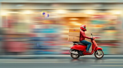 Rushing Through the City Lights: A delivery driver on a red scooter speeds through a bustling city, showcasing the fast-paced world of e-commerce and urban logistics.  