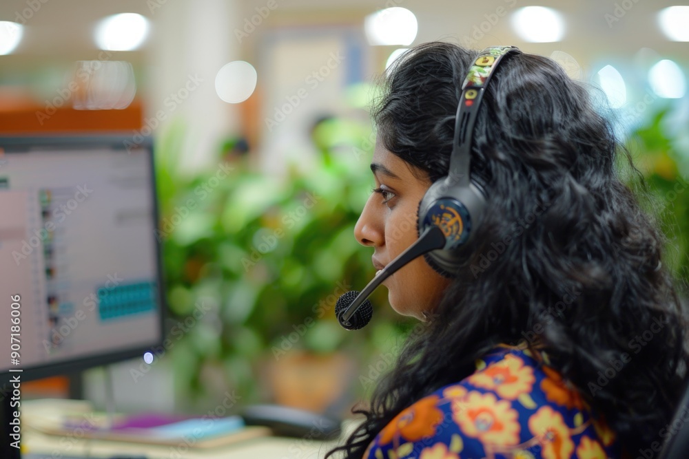 Poster A person sitting in front of a computer wearing a headset, suitable for use in office or workspace scenes