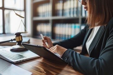 A woman sits at a desk with a tablet computer, focused on her work