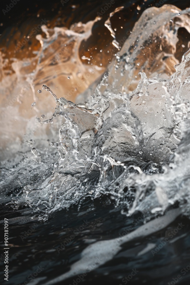 Poster a close-up shot of a wave breaking on the surface of calm water