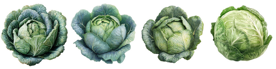 Obraz premium A vibrant collection of cabbages showcasing varying shades and textures, perfect for culinary and botanical themes. transparent background