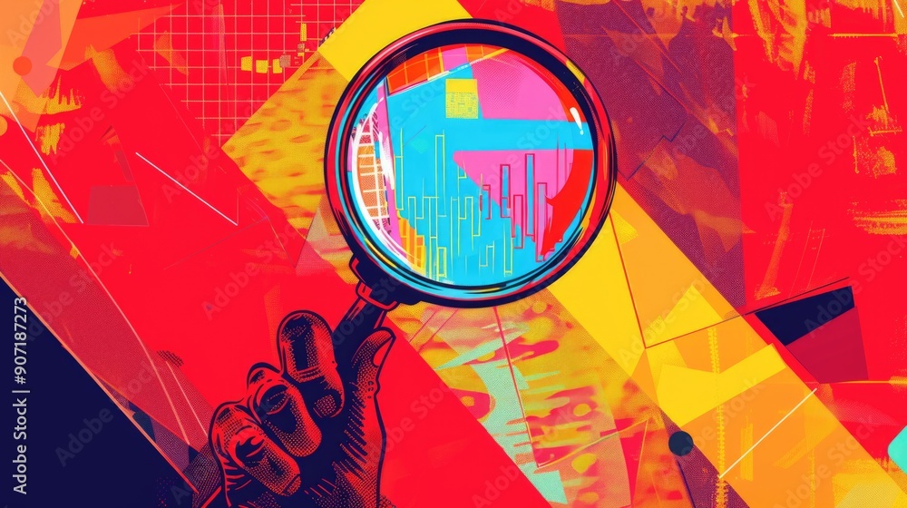 Poster a person examining the cityscape with a magnifying glass, highlighting potential details and feature